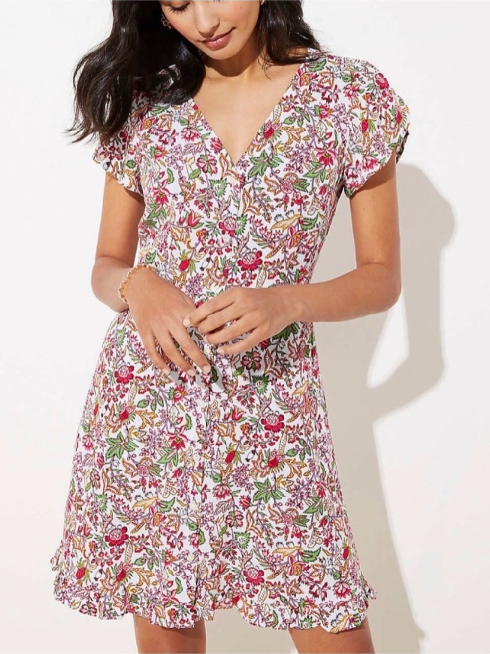 LOFT Jungle Ruffle Pocket Floral Mini Dress Rayon Button Front Size 8